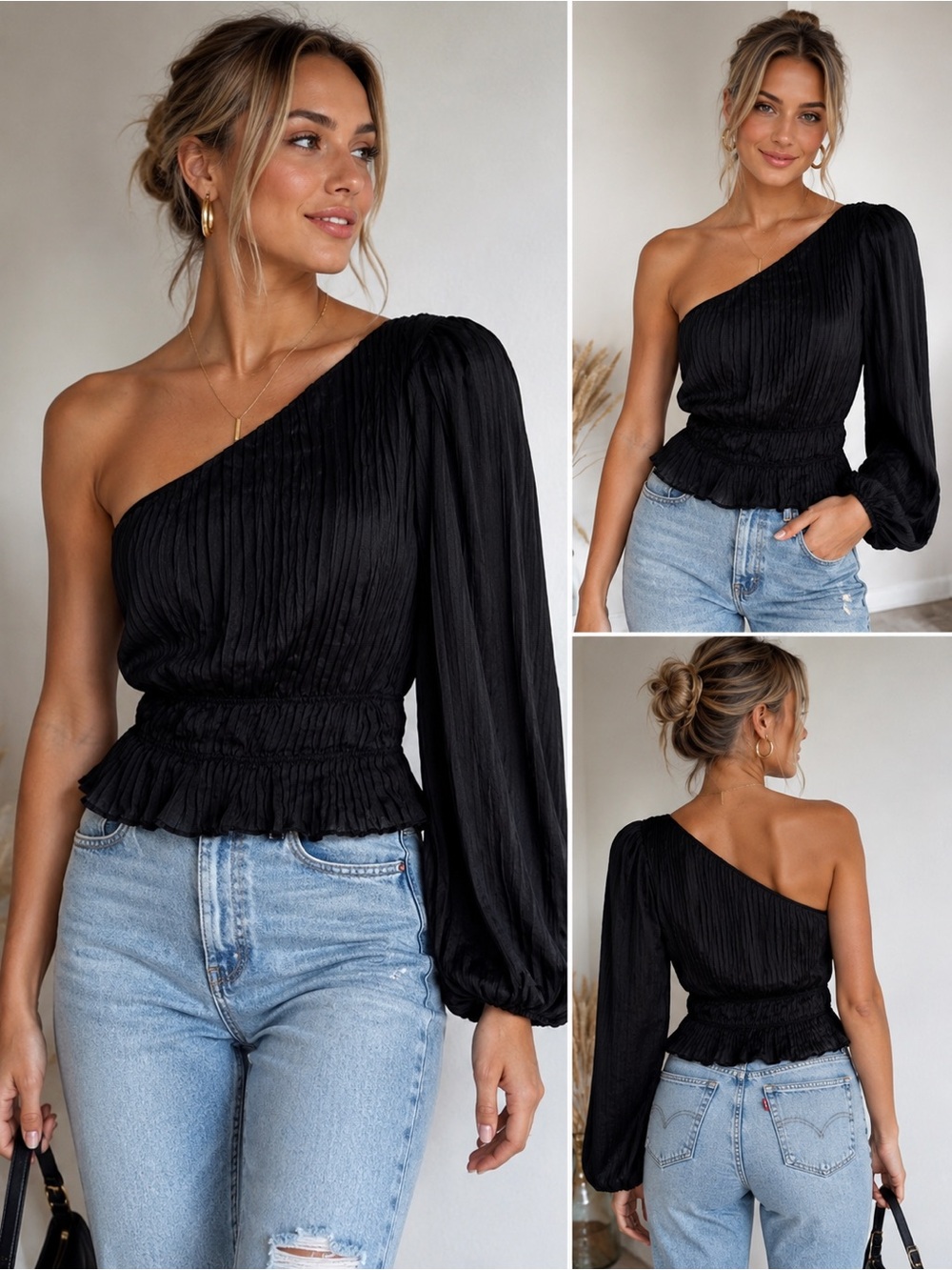 DO+BE Black One Shoulder Pleated Blouse Top Size Medium Smocked Waist NWT